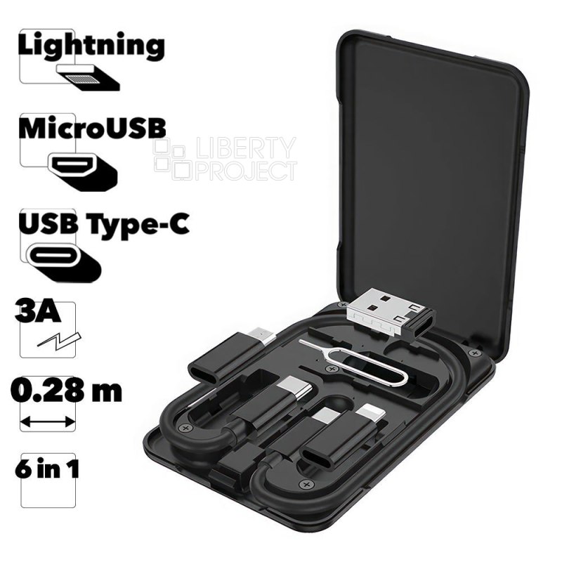 USB/USB-C кабель HOCO U86 Treasure Type-C/Lightning 8-pin/MicroUSB, 3А, 6в1, 0.28м, (черный) мятая