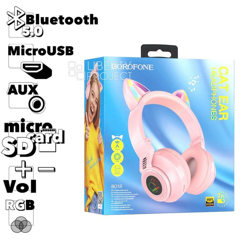 Bluetooth гарнитура BOROFONE BO18 Cat BT 5.0, 3.5мм, MicroSD, накладная (розовый) мятая упаковка