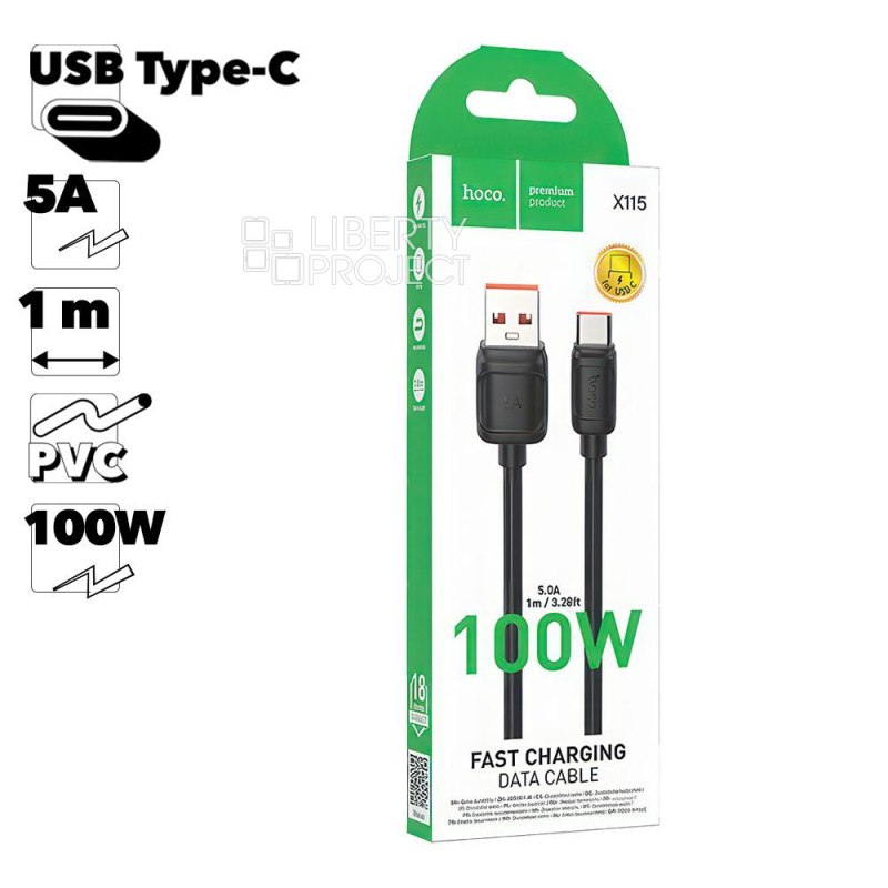 USB кабель HOCO X115 Surpass Type-C, 100W, 1м, PVC (черный)