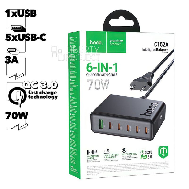 СЗУ HOCO C152A Modern 1xUSB, 5xUSB-C, 3А, QC3.0, PD70W, 6в1, GaN (черный)