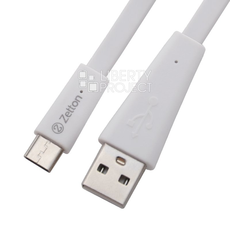 USB кабель Zetton USB SyncCharge Flat Wide Data Cable USB to USB-C плоский пластиковые разьемы (белый) ZTUSBFWWUC