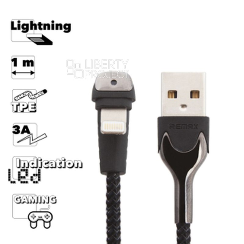 USB кабель REMAX RC-097i HEYMANBA Lightning 8-pin, 3А, LED, загнутый, 1м, нейлон (черный)