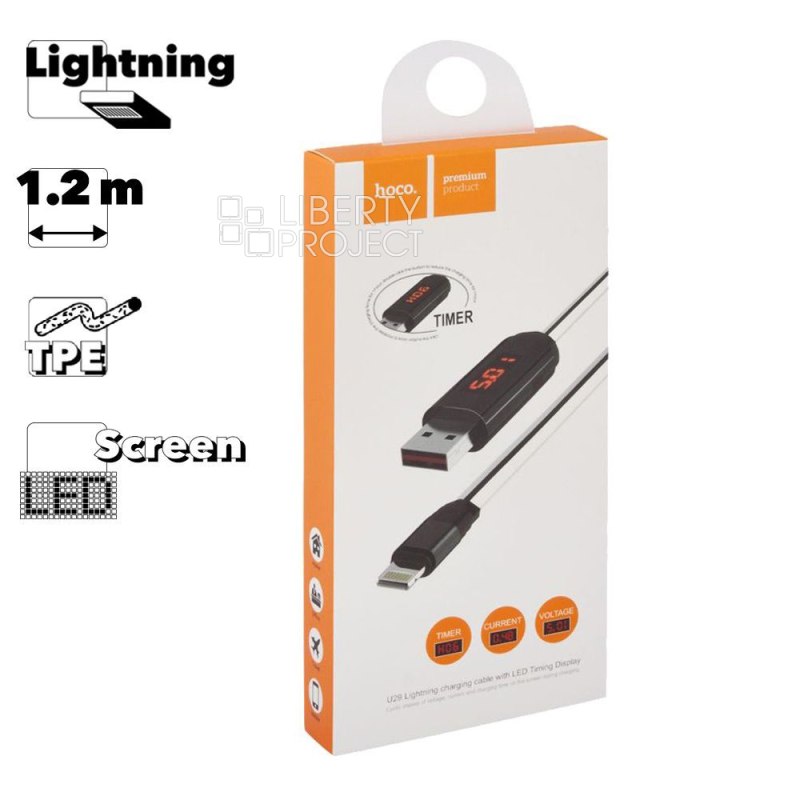 USB кабель HOCO U29 Timer Lightning 8-pin, LED дисплей, 1м, TPE (белый)