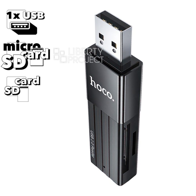 Картридер HOCO HB20 Mindful 2 in 1 USB 2.0/480Mbps, USB-А на microSD, SD (черный)