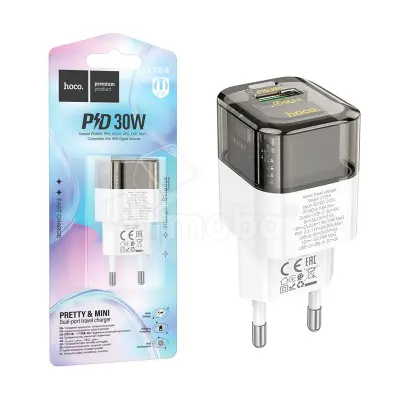Сетевое зарядное устройство USB/Type-C Hoco C131A (30W, QC3.0, PD, 2 порта, прозрачный корпус) Черный