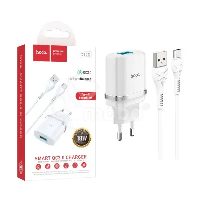 Сетевое зарядное устройство USB Hoco C12Q (18W, QС3.0, кабель Type-C) Белый