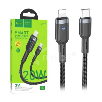 Кабель Type-C - Lightning Hoco U117 (3A, PD, с функцией интеллектуального отключения, индикатор, оплетка нейлон, 1.2 м) Черный