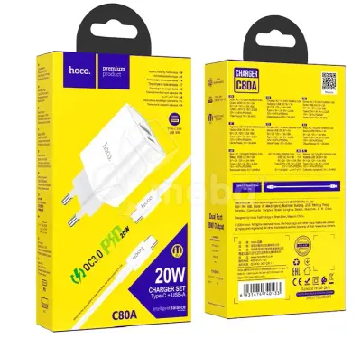 Сетевое зарядное устройство USB/Type-C Hoco C80A (20W, QC3.0, PD, 2 порта, кабель Type-C-Type-C) Белый