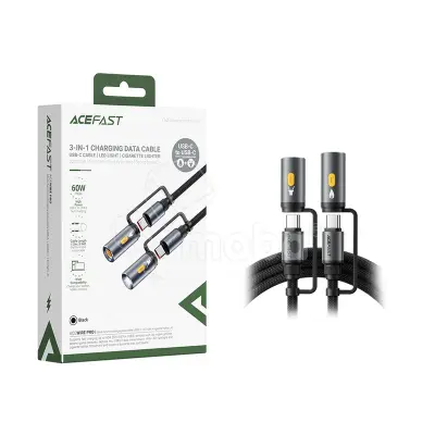 Кабель Type-C - 3 в 1 (Type-C+прикуриватель+LED подсветка) Acefast J4 (3A, 60W, оплетка нейлон, 1,2 м) Черный
