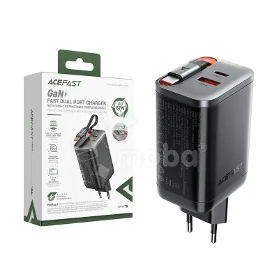 Сетевое зарядное устройство USB/Type-C Acefast A111 (67W, QC3.0, PD, 2 порта, GaN, выдвижной кабель Type-C) Черный
