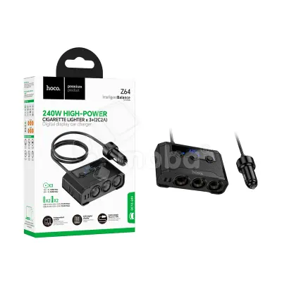 Автомобильный разветвитель прикуривателя Hoco Z64 (240W, 3 гнезда, 2Type-C) Черный