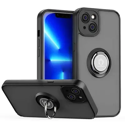Накладка пластик матовый с кольцом и окантовкой для Apple iPhone 13 (6.1) черный
