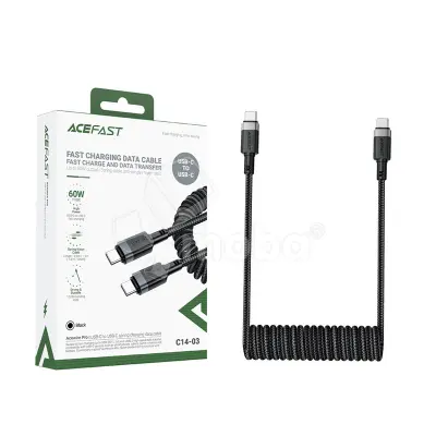 Кабель Type-C - Type-C Acefast C14-03 (3A, 60W, PD, пружинный, оплетка нейлон, 1.2 м) Черный