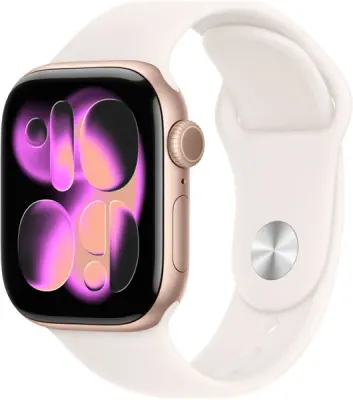 Apple Watch Series 11, 42 мм, корпус из алюминия цвета «розовое золото», спортивный ремешок цвета «светлый румянец» S/M (MEU04)