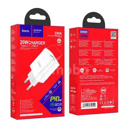 Сетевое зарядное устройство USB/Type-C Hoco C80A (20W, QC3.0, PD, 2 порта,) Белый
