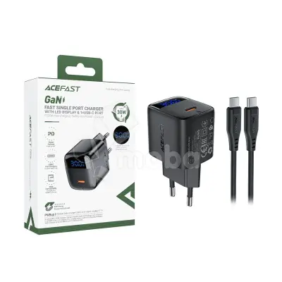 Сетевое зарядное устройство Type-C Acefast A115 (30W, PD, кабель Type-C-Type-C, GaN, с дисплеем) Черный