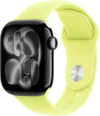 Apple Watch Series 11, 46 мм, корпус из алюминия цвета «чёрная смола», спортивный ремешок цвета «неоново-желтый» S/M (MEW84)