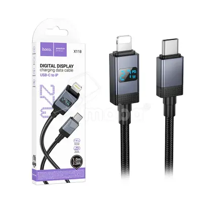 Кабель Type-C - Lightning Hoco X118 (3A, 27W, PD, оплетка нейлон, с дисплеем) Черный