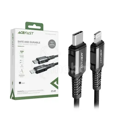 Кабель Type-C - Lightning Acefast C1-01 (3A, 30W, PD, MFI, оплетка нейлон, 1.2 м) Черный