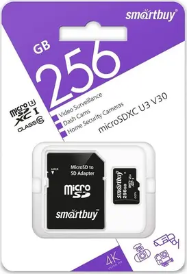 Карта памяти SMARTBUY (SB256GBSDCCTV) micro SDXC 256GB cl10 U3 V30 + адаптер