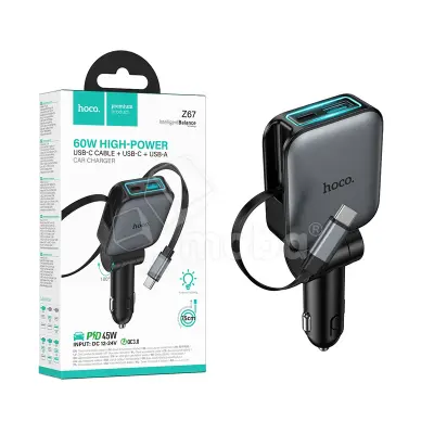 Автомобильное зарядное устройство USB/Type-C Hoco Z67 (60W, QC3.0, PD, 1Type-C, 1USB, встроенный кабель Type-C) Серый