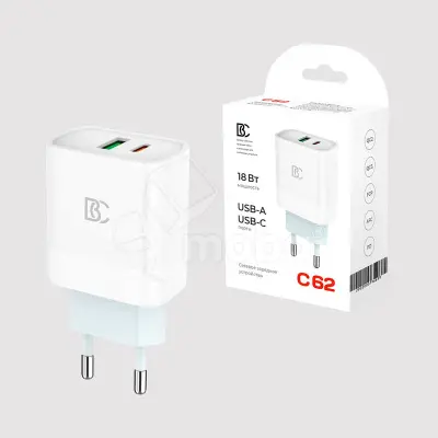 Сетевое зарядное устройство USB/Type-C BC C62 (18W, QC3.0, PD, 2 порта) Белый