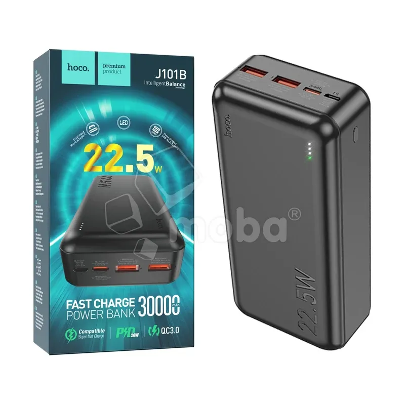 Внешний Аккумулятор (Power Bank) Hoco J101B 30000 mAh (22.5W, QC3.0, PD, 2USB, MicroUSB, Type-C, LED индикатор) Черный