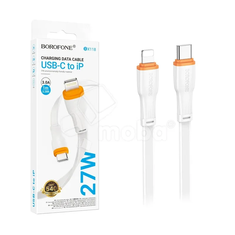 Кабель Type-C - Lightning Borofone BX118 (3A, 27W, PD, плоский) Белый