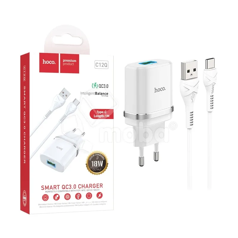 Сетевое зарядное устройство USB Hoco C12Q (18W, QС3.0, кабель Type-C) Белый