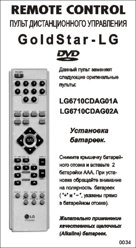 Аналог пульта LG 6710CDAG01A/02A для DVD плеера