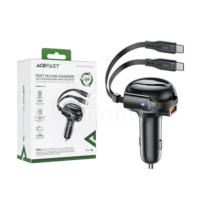 Автомобильное зарядное устройство USB/Type-C Acefast B13 (53W, QC3.0, PD, 1USB, 2 встроенных кабеля Type-C) Черный