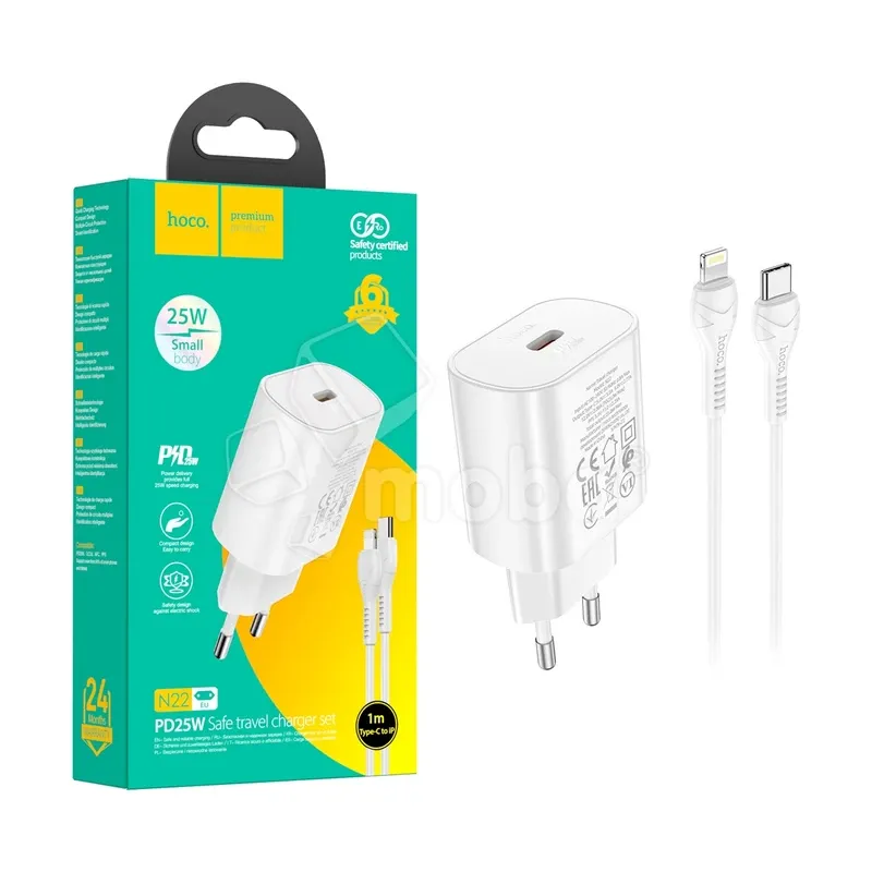Сетевое зарядное устройство Type-C Hoco N22 (25W, PD, кабель Type-C-Lightning) Белый
