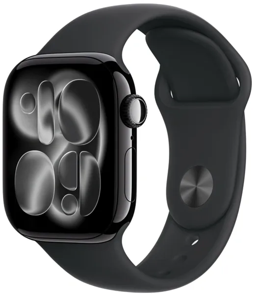 Apple Watch Series 11, 42 мм, корпус из алюминия цвета «чёрная смола», спортивный ремешок цвета «черный» S/M (MEQT4)