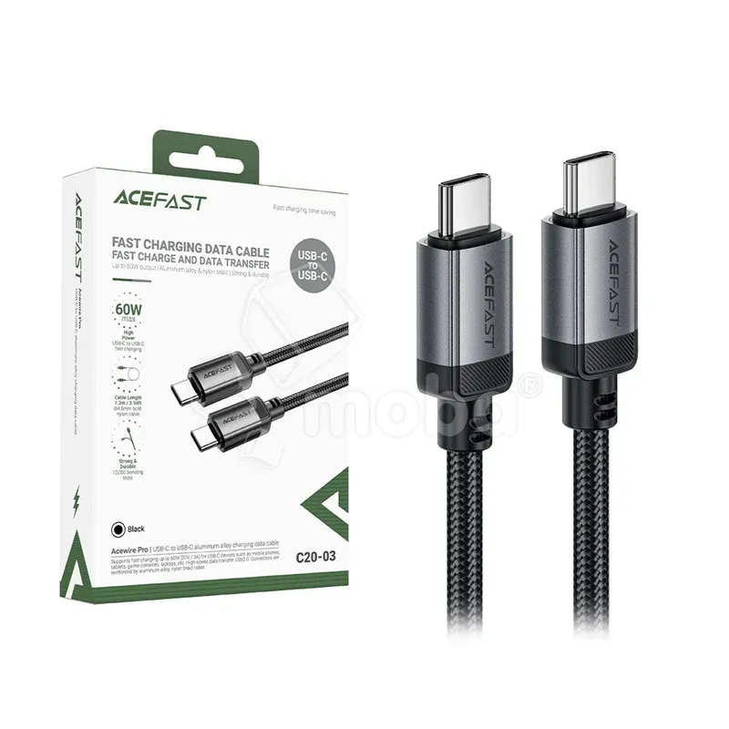 Кабель Type-C - Type-C Acefast C20-03 (3A, 60W, PD, оплетка нейлон, 1.2 м) Черный