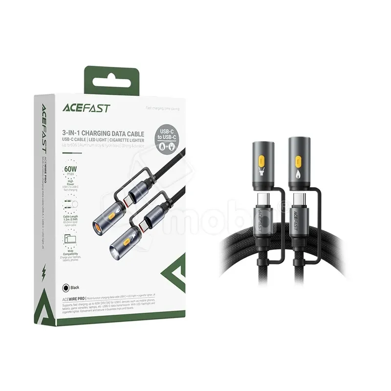 Кабель Type-C - 3 в 1 (Type-C+прикуриватель+LED подсветка) Acefast J4 (3A, 60W, оплетка нейлон, 1,2 м) Черный