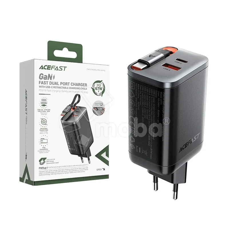 Сетевое зарядное устройство USB/Type-C Acefast A111 (67W, QC3.0, PD, 2 порта, GaN, выдвижной кабель Type-C) Черный