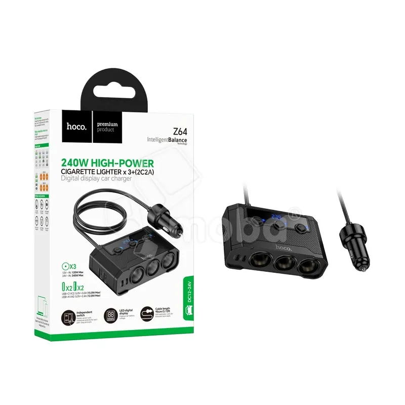Автомобильный разветвитель прикуривателя Hoco Z64 (240W, 3 гнезда, 2Type-C) Черный