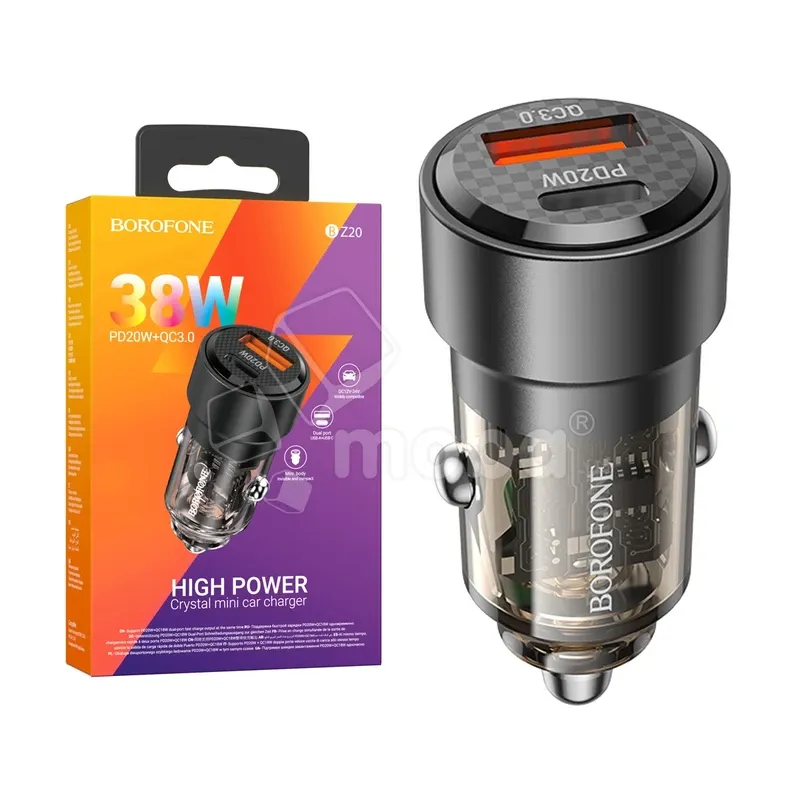 Автомобильное зарядное устройство USB/Type-C Borofone BZ20 (38W, QC3.0, PD, 1Type-C, 1USB, прозрачный корпус) Черный
