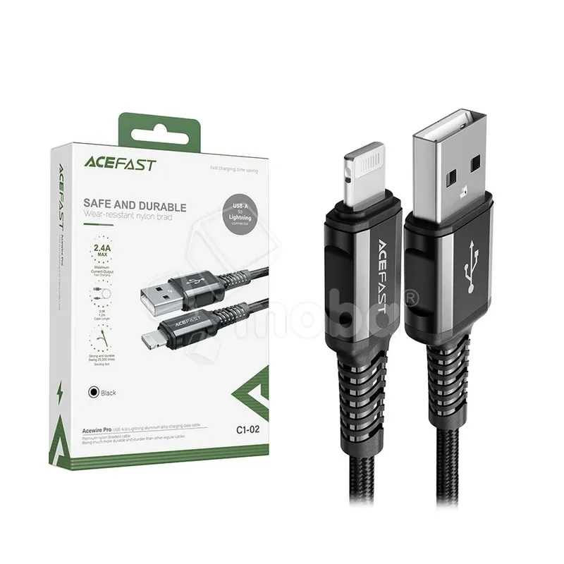 Кабель USB - Lightning Acefast C1-02 (2.4A, MFI, оплетка нейлон, 1.2 м) Черный