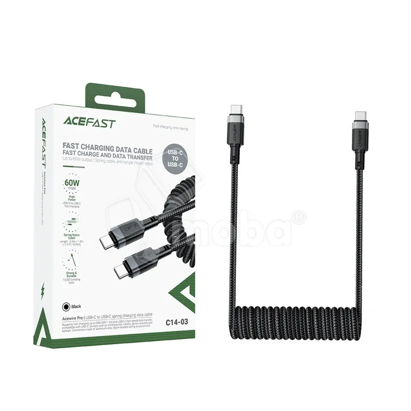Кабель Type-C - Type-C Acefast C14-03 (3A, 60W, PD, пружинный, оплетка нейлон, 1.2 м) Черный