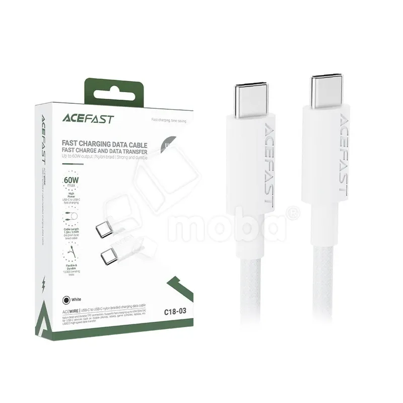 Кабель Type-C - Type-C Acefast C18-03 (3A, 60W, PD, оплетка нейлон, 1.2 м) Белый
