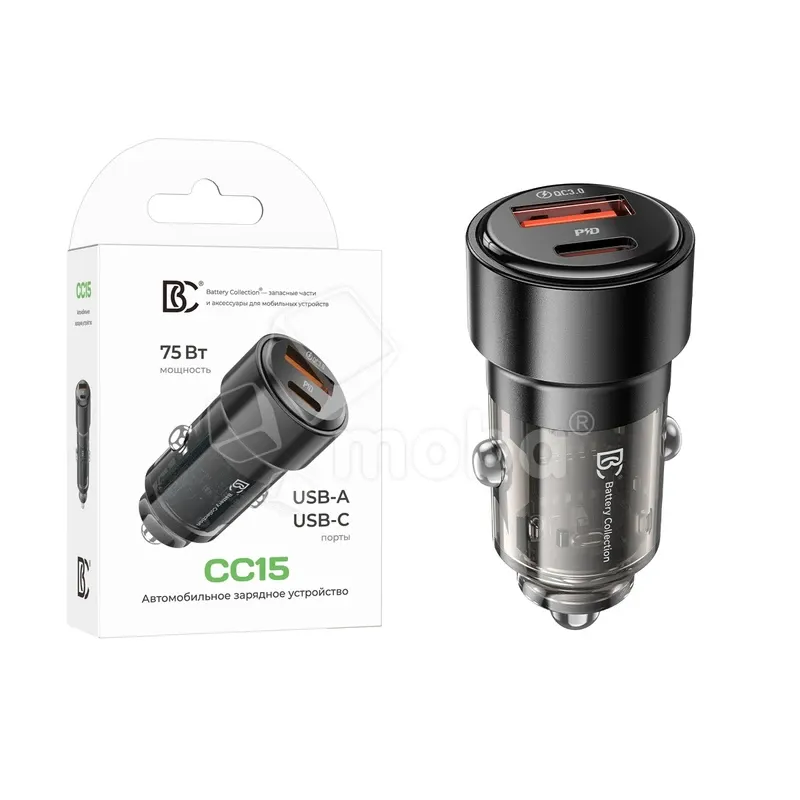 Автомобильное зарядное устройство USB/Type-C BC CC15 (75W, QC4.0, PD, SuperVOOC, 1Type-C, 1USB) Черный