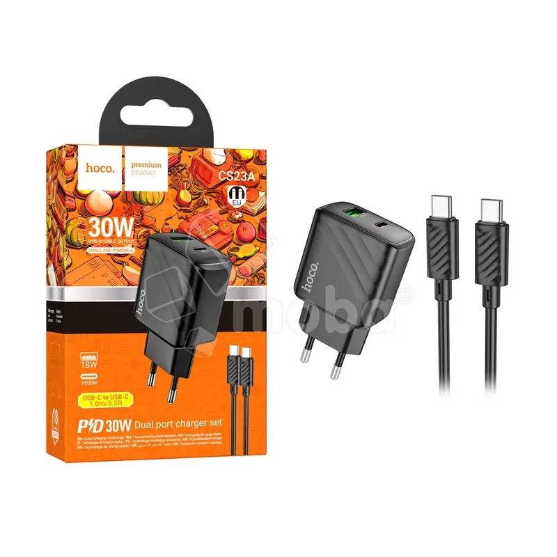 Сетевое зарядное устройство USB/Type-C Hoco CS23A (30W, QC3.0, PD, 2 порта, кабель Type-C-Type-C) Черный