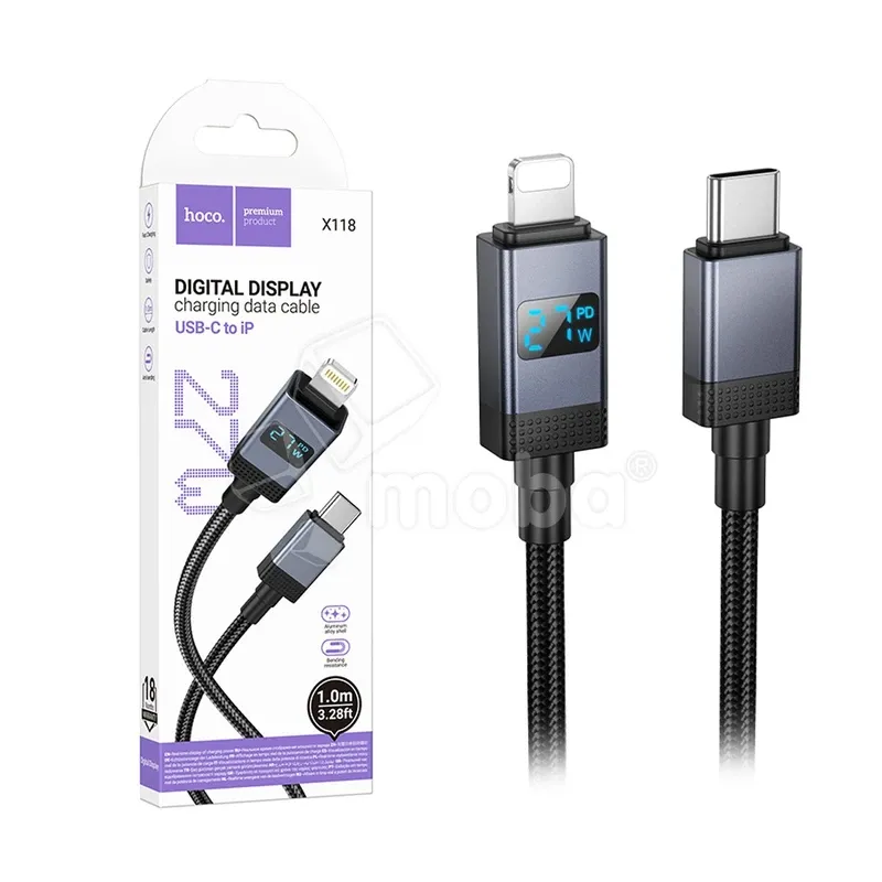 Кабель Type-C - Lightning Hoco X118 (3A, 27W, PD, оплетка нейлон, с дисплеем) Черный