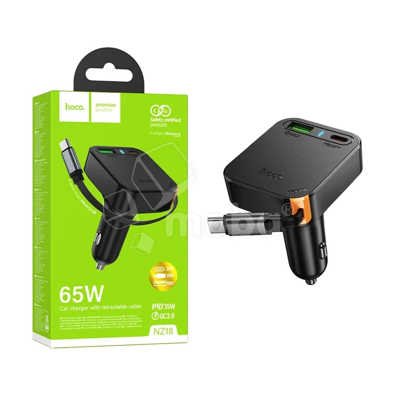Автомобильное зарядное устройство USB/Type-C Hoco NZ18 (65W, QC3.0, PD, 1Type-C, 1USB, встроенный кабель Type-C) Черный