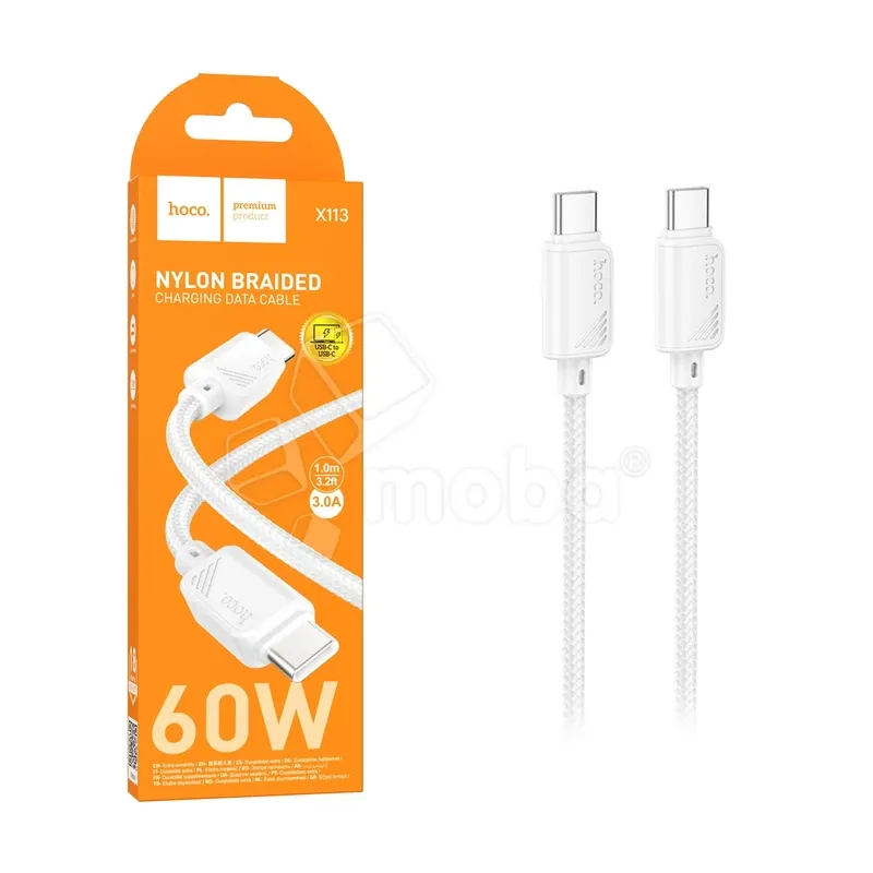 Кабель Type-C - Type-C Hoco X113 (3A, 60W, PD, оплетка нейлон) Белый