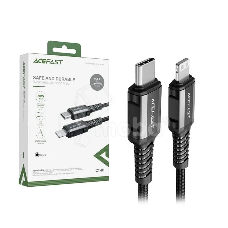 Кабель Type-C - Lightning Acefast C1-01 (3A, 30W, PD, MFI, оплетка нейлон, 1.2 м) Черный