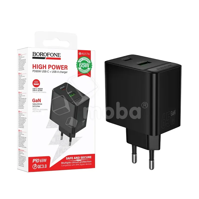 Сетевое зарядное устройство USB/Type-C Borofone BAS17A (65W, QC3.0, PD, 2 порта) Черный