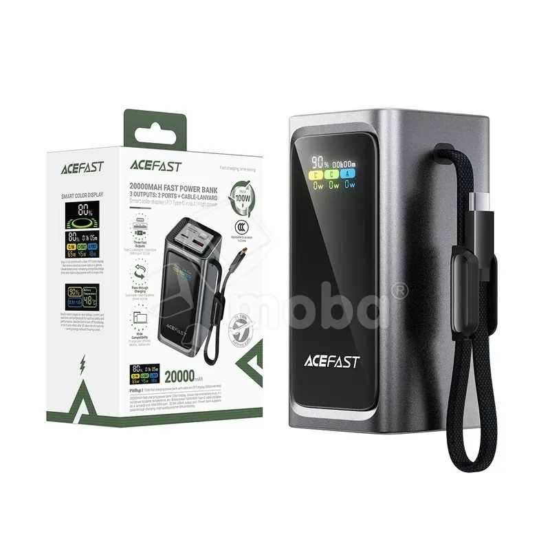Внешний Аккумулятор (Power Bank) Acefast M33 20000 mAh (100W, PD, Type-C, встроенный кабель Type-C, LED дисплей) Серый