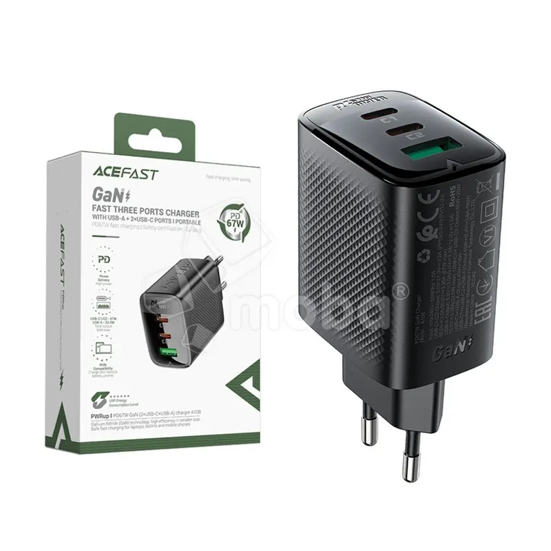 Сетевое зарядное устройство USB/Type-C Acefast A108 (67W, PD, 3 порта, GaN) Черный